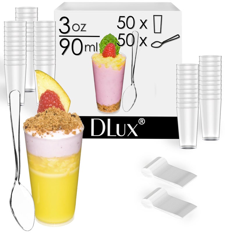 DLux 50 x 3 oz Mini Dessert Cups with Spoons, Shooter - Clear Plastic Parfait Appetizer Cup - Small Reusable Shot Glass for Tasting Party Shooters Desserts Appetizers - With Recipe Ebook - Image 2